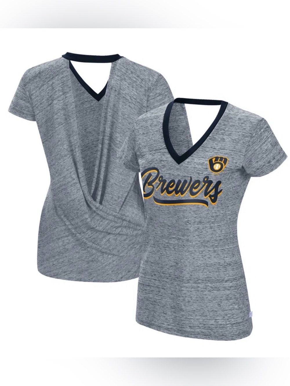 Milwaukee Brewers Touch Women's Halftime Back Wrap Top V-Neck T-Shirt NWT Size M
